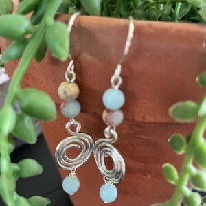 Silver Spiral Drop Earrings with Pale Blue Beads